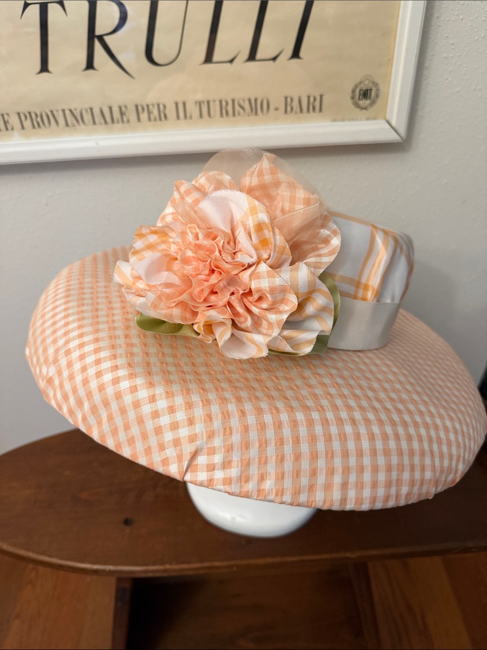 Vintage Peach Gingham Decorative Hat Cover with Floral Accent -by Hats by Rita